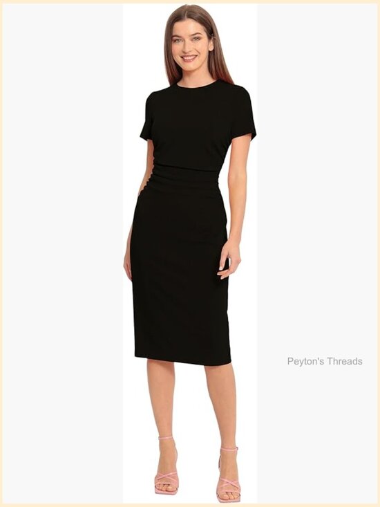 Dresses & Skirts - Ruched Waist Crepe Sheath Dress with Jewel Neck Short Sleeves Workwear